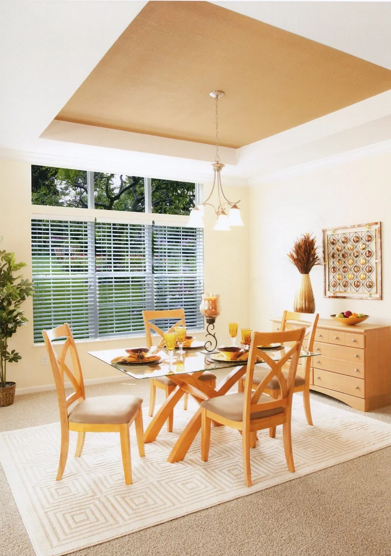 Sunny dining nook with a tray ceiling, round wood table and tall windows